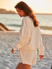 White Raw Hem Detail Washed Crew Neck 100% Cotton Sweatshirt - Image 2 of 5