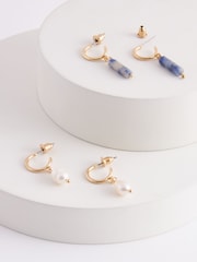 Blue Mini Bead And Pearl Drop Hoops Earrings Pack - Image 5 of 5