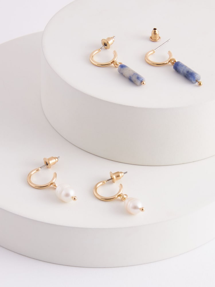 Blue Mini Bead And Pearl Drop Hoops Earrings Pack - Image 5 of 5