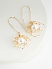 Gold Tone Pearl Flower Pull Through Earrings - Image 4 of 4