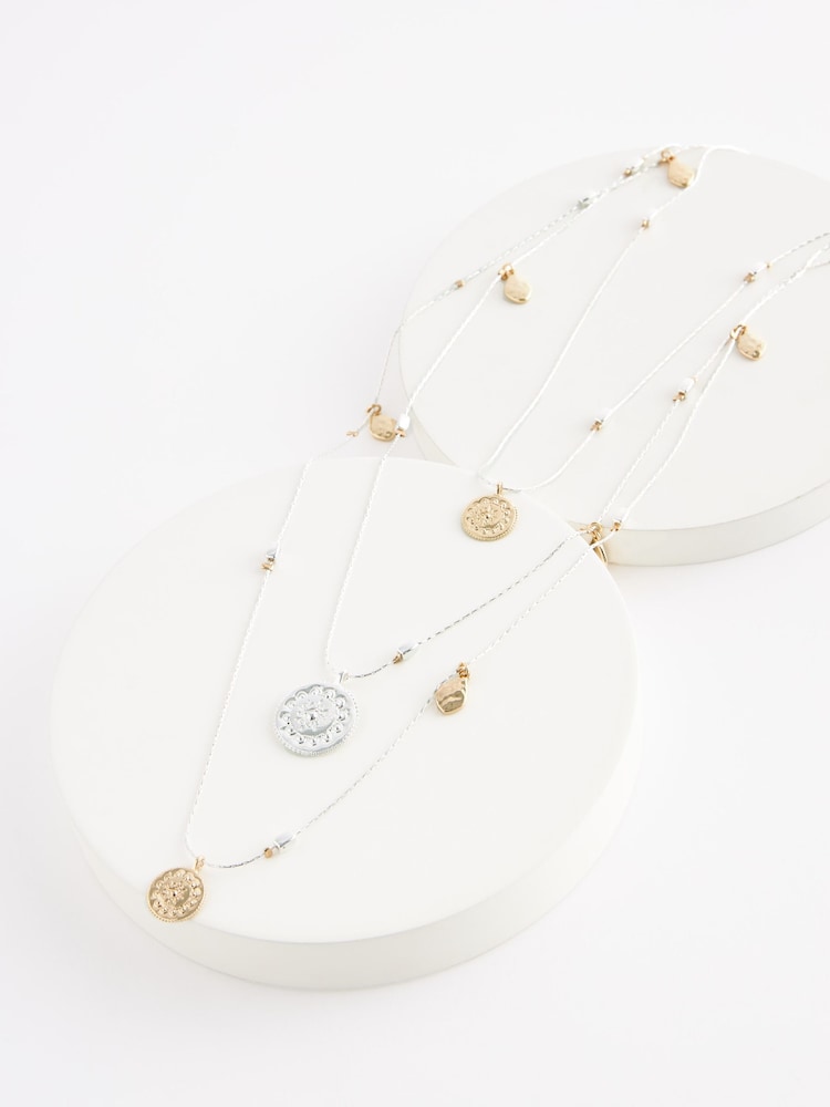 Gold Tone/Silver Tone Multi Row Coin Drop Necklace - Image 1 of 4 Gold Tone/Silver Tone Multi Row Coin Drop Necklace - Image 1 of 4
