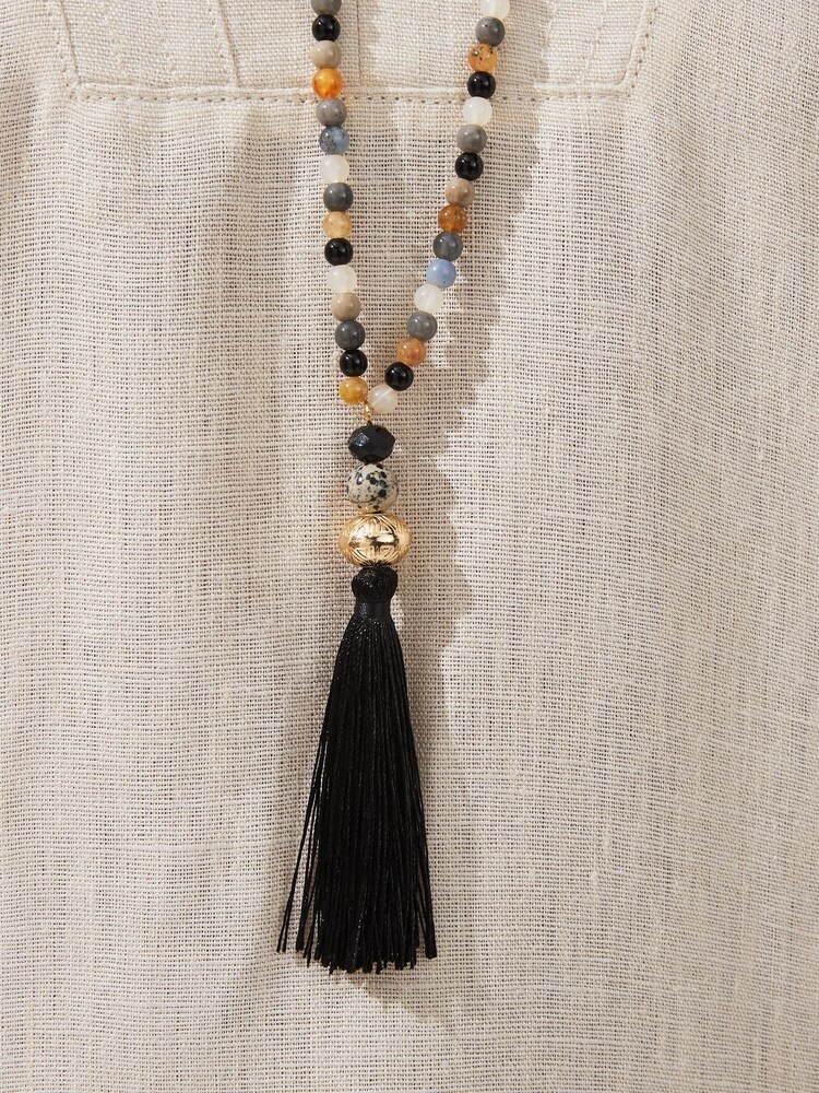 Black Tassel Long Beaded Necklace - Image 4 of 4 Black Tassel Long Beaded Necklace - Image 4 of 4