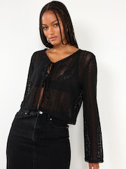 Black Crochet Knit Tie Detail Textured Cardigan - Image 1 of 6