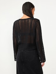 Black Crochet Knit Tie Detail Textured Cardigan - Image 2 of 6