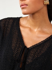 Black Crochet Knit Tie Detail Textured Cardigan - Image 4 of 6
