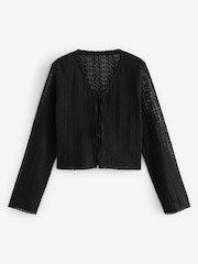 Black Crochet Knit Tie Detail Textured Cardigan - Image 5 of 6