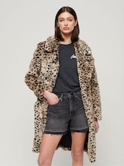 Superdry Cheetah Vintage Long Faux Fur Coat - Image 1 of 6
