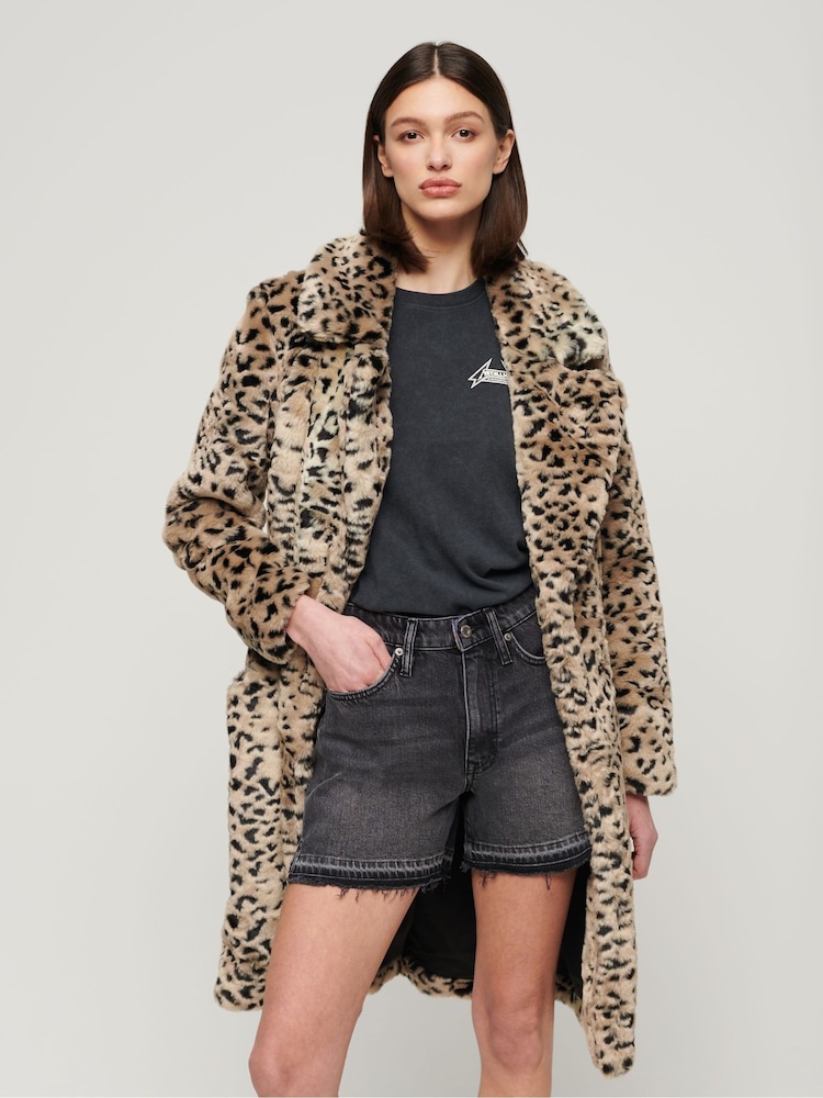 Superdry Cheetah Vintage Long Faux Fur Coat - Image 1 of 6