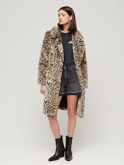 Superdry Cheetah Vintage Long Faux Fur Coat - Image 2 of 6