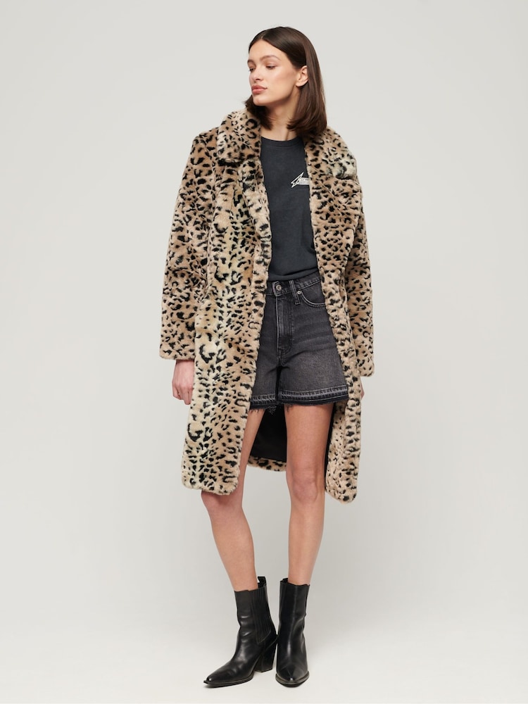 Superdry Cheetah Vintage Long Faux Fur Coat - Image 2 of 6