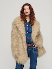 Superdry Brown Mid Length Faux Fur Coat - Image 1 of 6