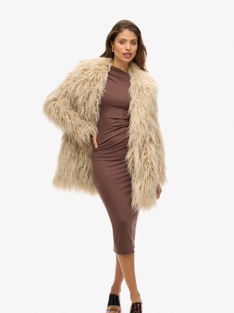 Superdry Brown Mid Length Faux Fur Coat - Image 2 of 6