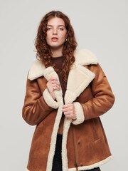 Superdry Brown Faux Fur Shearling Mid Jacket - Image 1 of 7