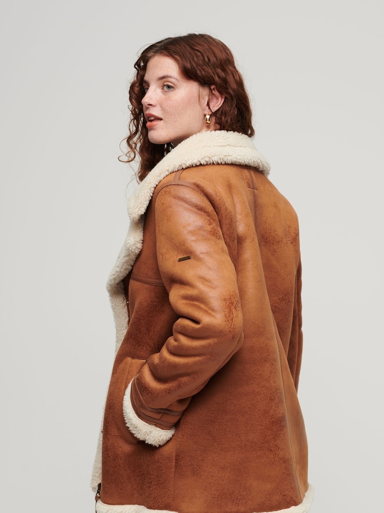 Superdry Brown Faux Fur Shearling Mid Jacket - Image 2 of 7