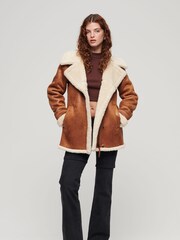 Superdry Brown Faux Fur Shearling Mid Jacket - Image 3 of 7