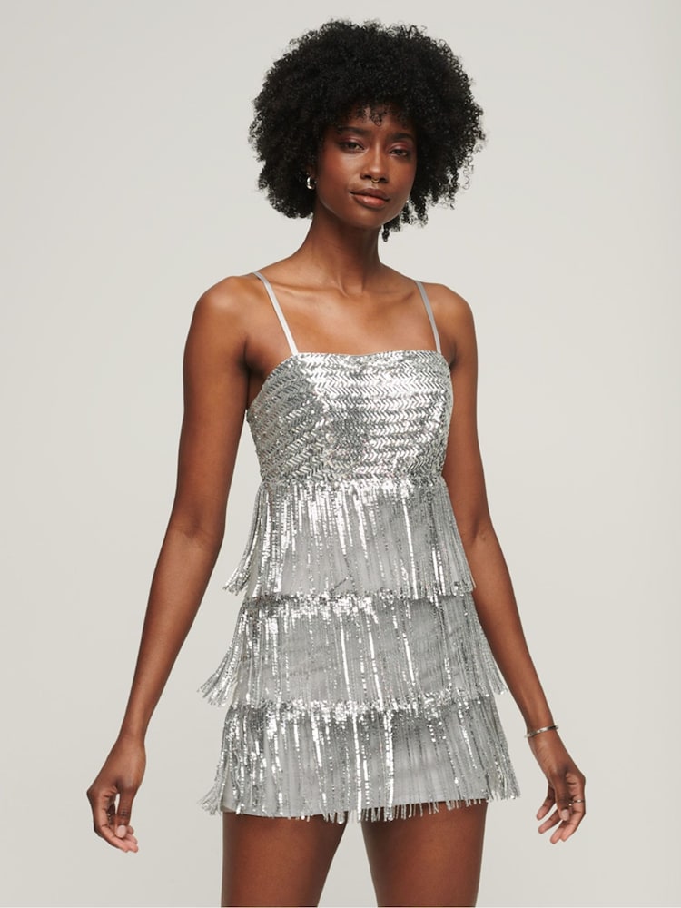 Superdry Silver Fringe Cami Mini Dress - Image 1 of 7