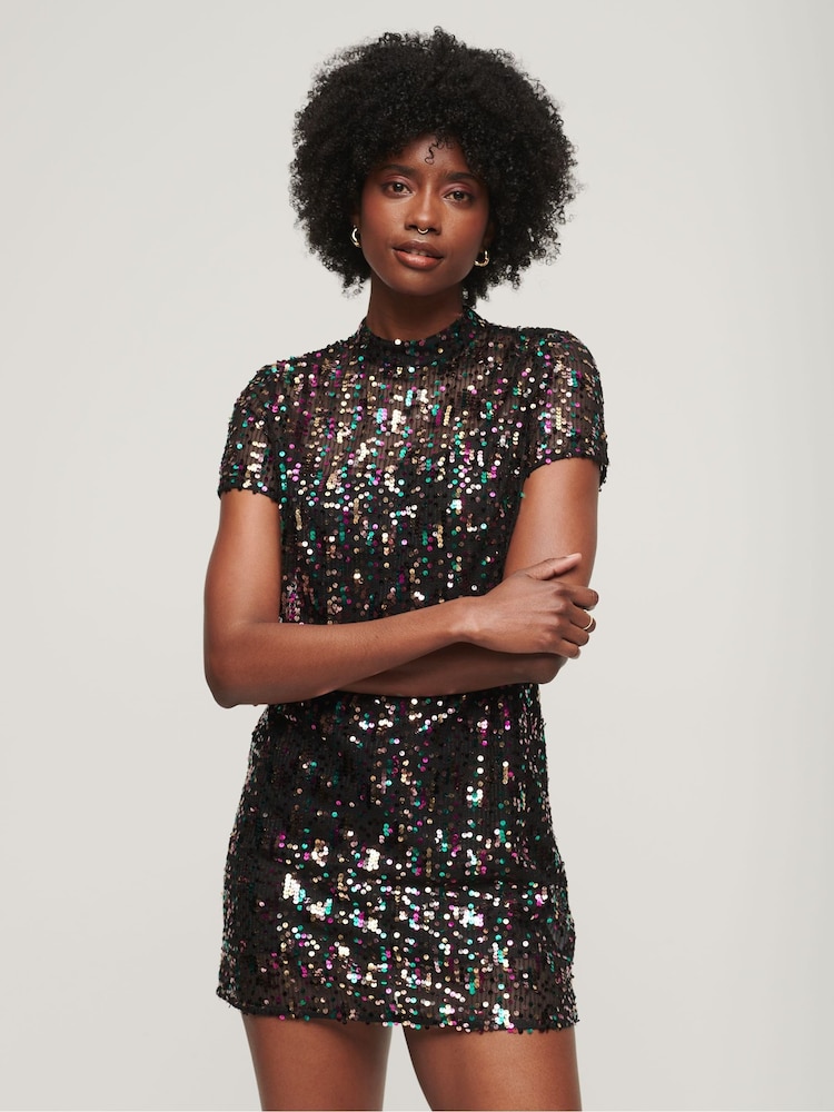 Superdry Silver Vintage Sequin T-Shirt Dress - Image 1 of 5