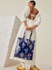 Cath Kidston Navy Floral Bunches Large Coated 100% Cotton Book Bag - Image 1 of 6