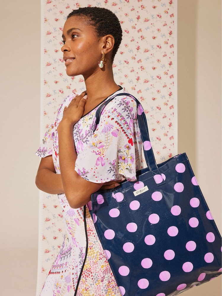Cath Kidston Navy/Pink Spot Large Coated 100% Cotton Book Bag - Image 1 of 11