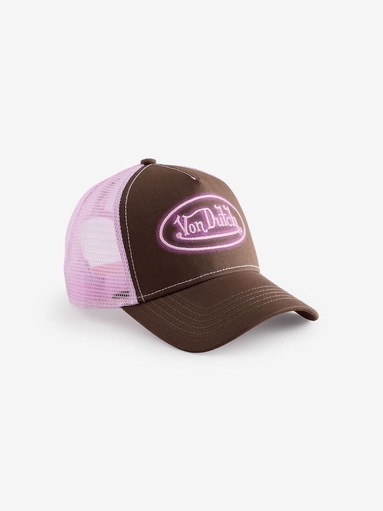 Von Dutch Brown Pink Logo Trucker Hat - Image 1 of 1