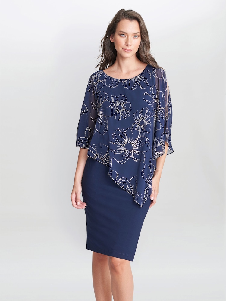 Gina Bacconi Blue Fiona Floral Glittered Asymmetric Dress - Image 1 of 5