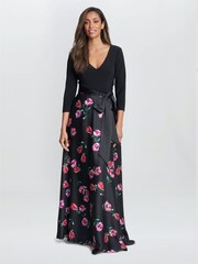 Gina Bacconi Athena Print Floral Satin And Jersey Black Dress - Image 1 of 5