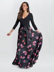 Gina Bacconi Athena Print Floral Satin And Jersey Black Dress - Image 3 of 5