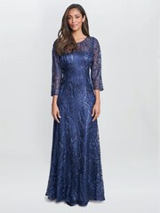 Gina Bacconi Blue Isabel Maxi Embroidered A-Line Dress With Illusion Neckline - Image 1 of 5