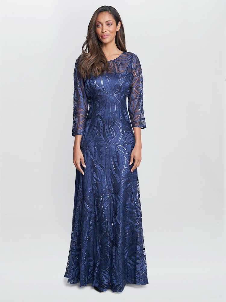 Gina Bacconi Blue Isabel Maxi Embroidered A-Line Dress With Illusion Neckline - Image 1 of 5