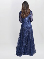 Gina Bacconi Blue Isabel Maxi Embroidered A-Line Dress With Illusion Neckline - Image 2 of 5