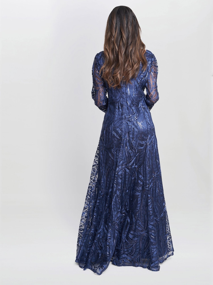 Gina Bacconi Blue Isabel Maxi Embroidered A-Line Dress With Illusion Neckline - Image 2 of 5