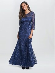Gina Bacconi Blue Isabel Maxi Embroidered A-Line Dress With Illusion Neckline - Image 3 of 5
