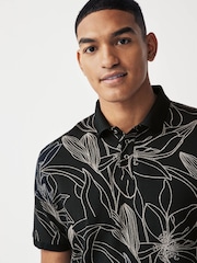 Black/White Floral 100% Cotton Print Textured Polo Shirt - Image 1 of 8