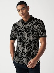 Black/White Floral 100% Cotton Print Textured Polo Shirt - Image 2 of 8