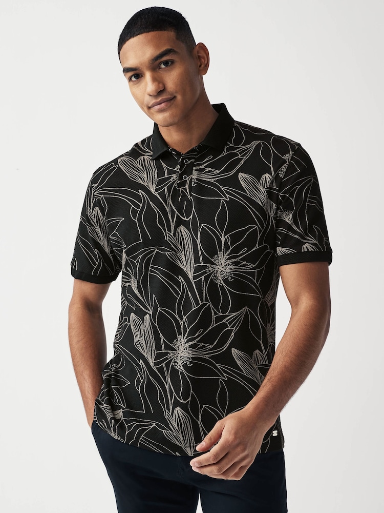 Black/White Floral 100% Cotton Print Textured Polo Shirt - Image 2 of 8
