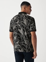 Black/White Floral 100% Cotton Print Textured Polo Shirt - Image 3 of 8