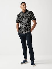 Black/White Floral 100% Cotton Print Textured Polo Shirt - Image 4 of 8