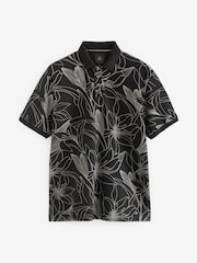 Black/White Floral 100% Cotton Print Textured Polo Shirt - Image 6 of 8