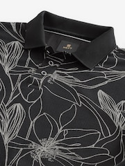 Black/White Floral 100% Cotton Print Textured Polo Shirt - Image 7 of 8
