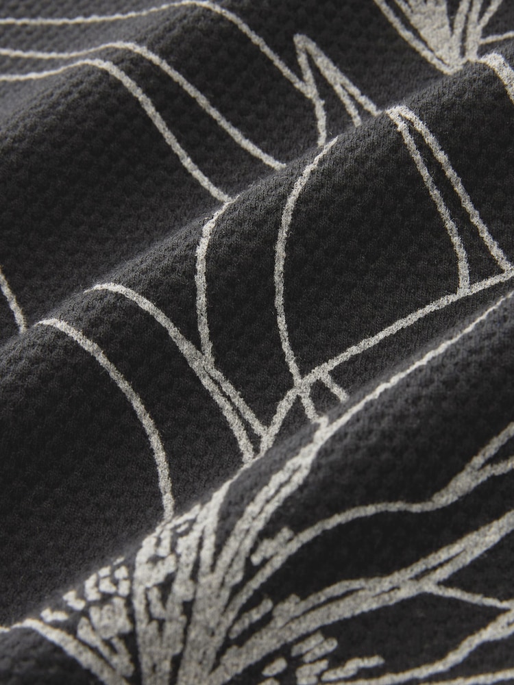Black/White Floral 100% Cotton Print Textured Polo Shirt - Image 8 of 8