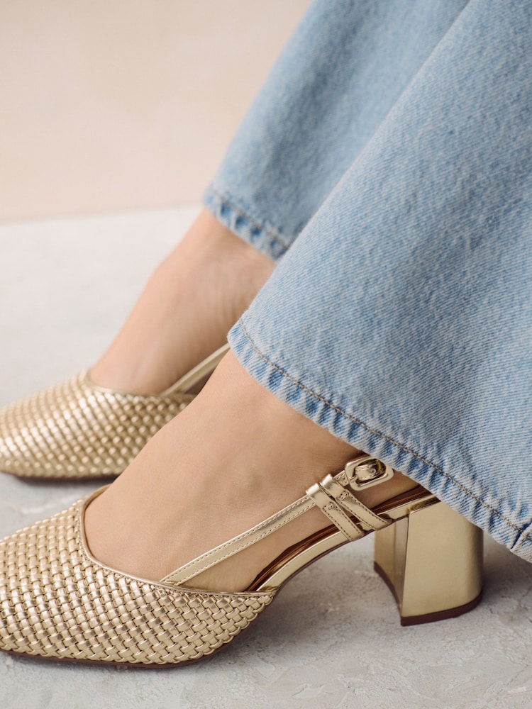 zlata (barva); zlato - Forever Comfort® Square Toe Weave Slingback Block čevlji z visoko peto čevlji - Slika 2 iz 7