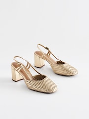 zlata (barva); zlato - Forever Comfort® Square Toe Weave Slingback Block čevlji z visoko peto čevlji - Slika 3 iz 7