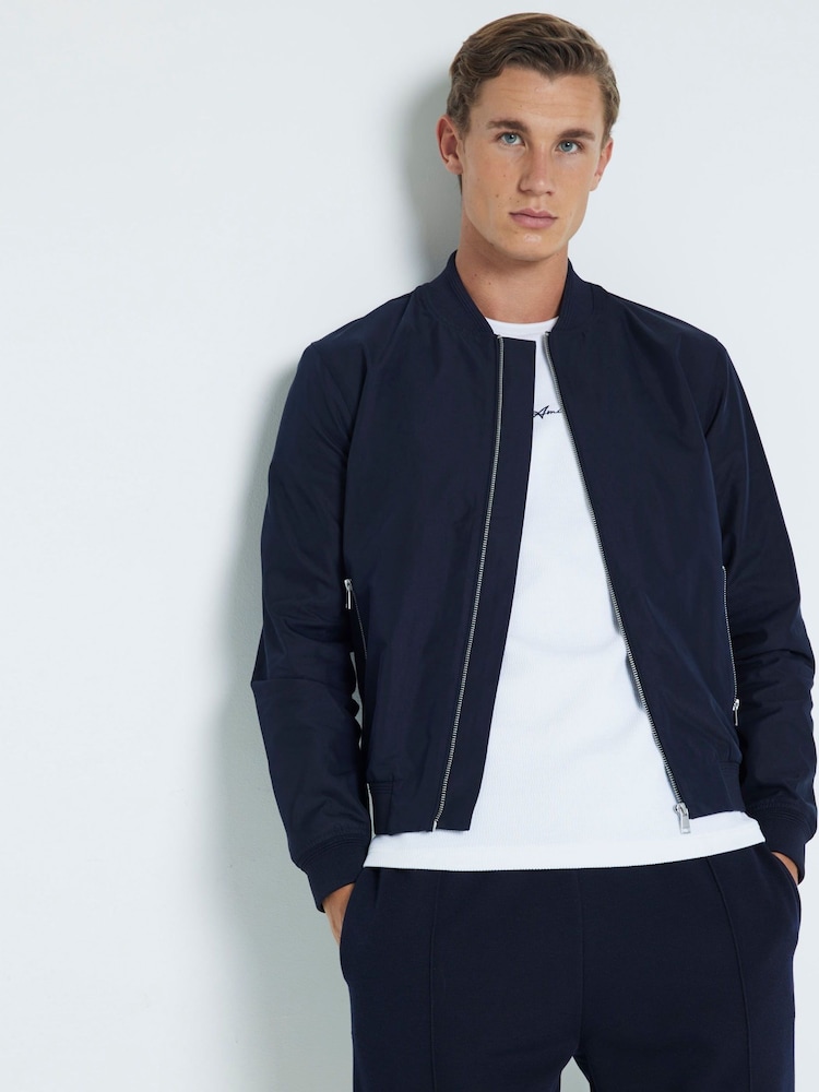 River Island Blue Cotton Bomber Jacket - Image 1 of 6 River Island Blue Cotton Bomber Jacket - Image 1 of 6