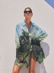 Green/Blue Scene Print 100% Cotton Beach Shirt Cover-Up - Image 1 of 7