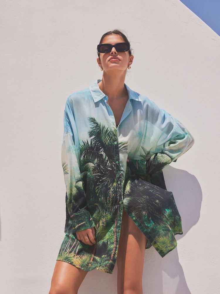Green/Blue Scene Print 100% Cotton Beach Shirt Cover-Up - Image 1 of 7