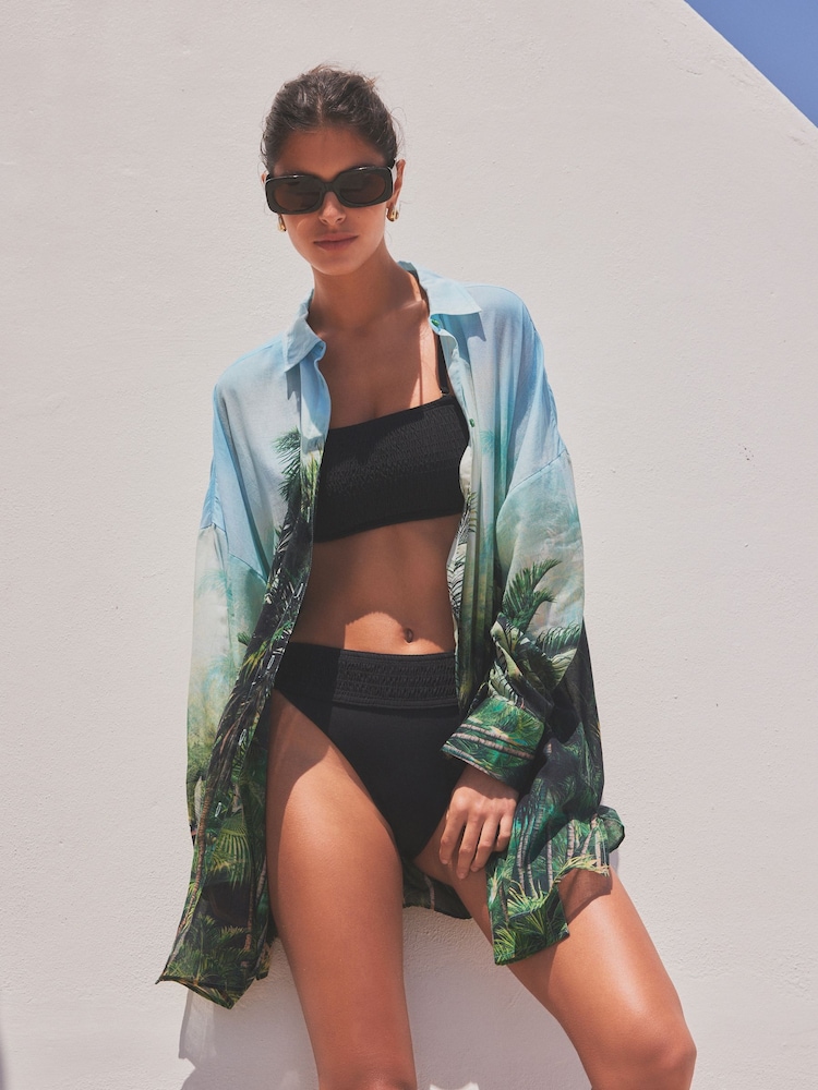 Green/Blue Scene Print 100% Cotton Beach Shirt Cover-Up - Image 2 of 7