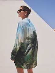 Green/Blue Scene Print 100% Cotton Beach Shirt Cover-Up - Image 3 of 7