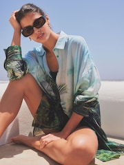 Green/Blue Scene Print 100% Cotton Beach Shirt Cover-Up - Image 4 of 7