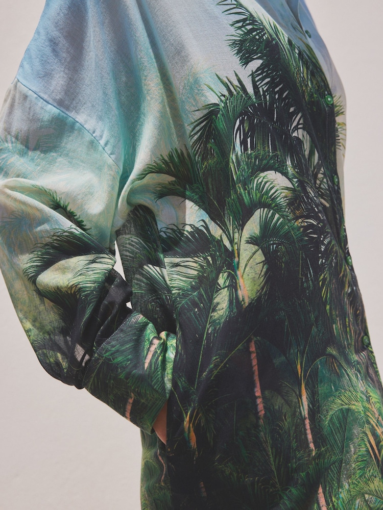 Green/Blue Scene Print 100% Cotton Beach Shirt Cover-Up - Image 7 of 7