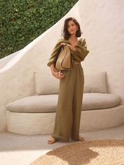 Khaki Green 100% Linen Premium Wide Leg Trousers - Image 1 of 6